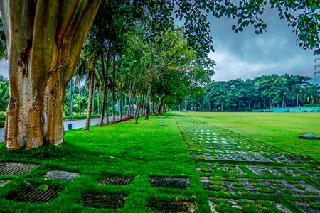 Landscape of the Temple of Consciousness campus at Aliyar, set against the Western Ghats with natural vegetation and contemplative spaces.