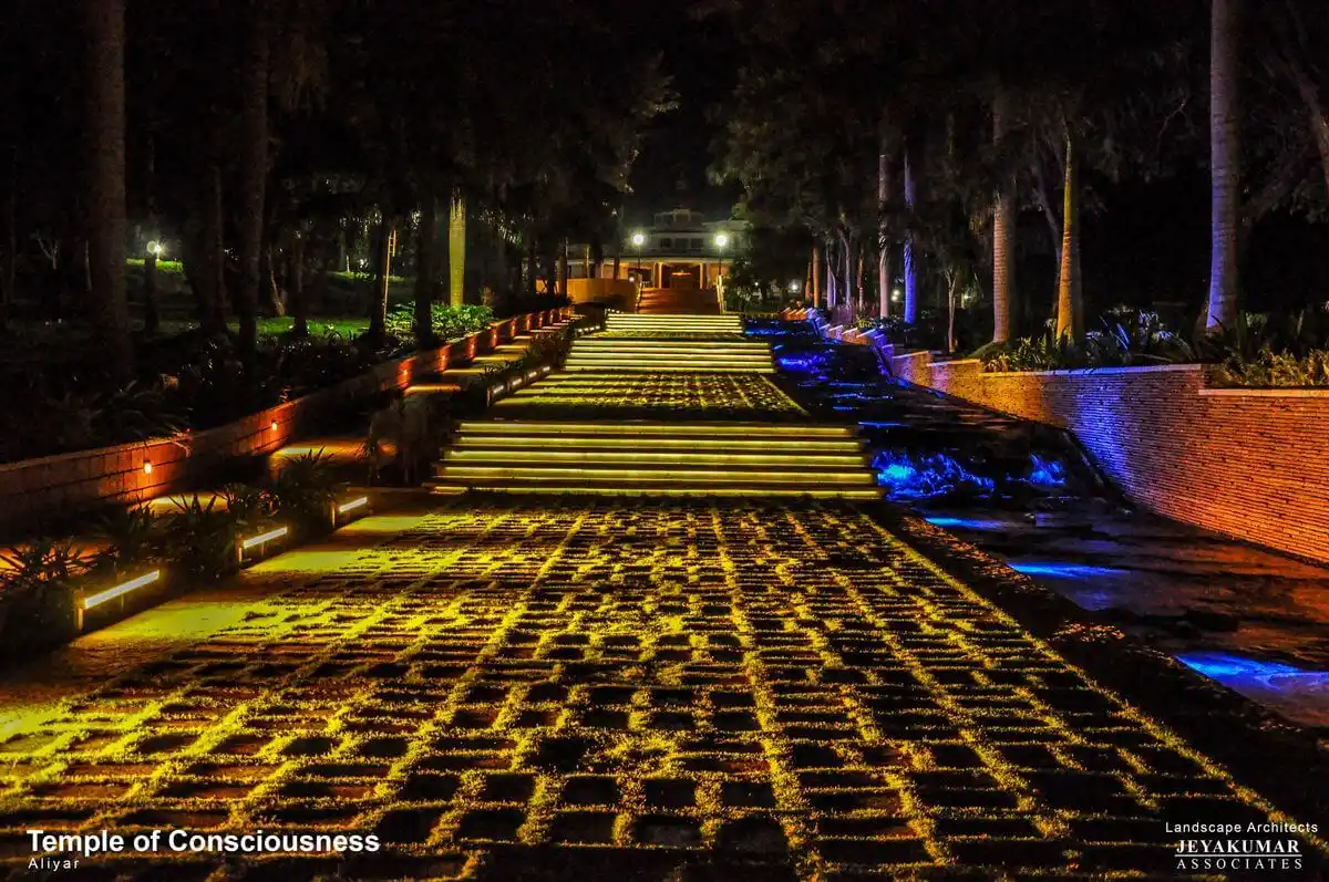 Night time lighting view of entrance pathway